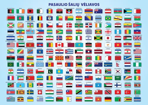 Pasaulio politinis žemėlapis (su šalių vėliavomis, A4) | 
