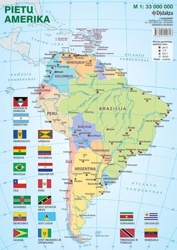 Pietų Amerikos politinis žemėlapis (su šalių vėliavomis, A4) | 