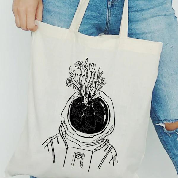 Pirkinių krepšys „Kosmonautas su gėlėmis“ (baltas) | 