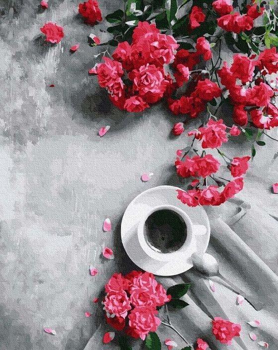 Tapyba pagal skaičius. Raudonos rožės ir kavos puodelis | 