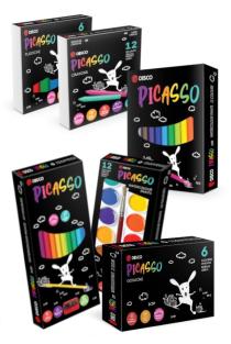 RINKINYS. Disco PICASSO: flomasteriai + kreidelės + spalvoti pieštukai + akvareliniai dažai + guašas + plastilinas | 