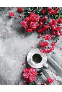 Tapyba pagal skaičius. Raudonos rožės ir kavos puodelis | 