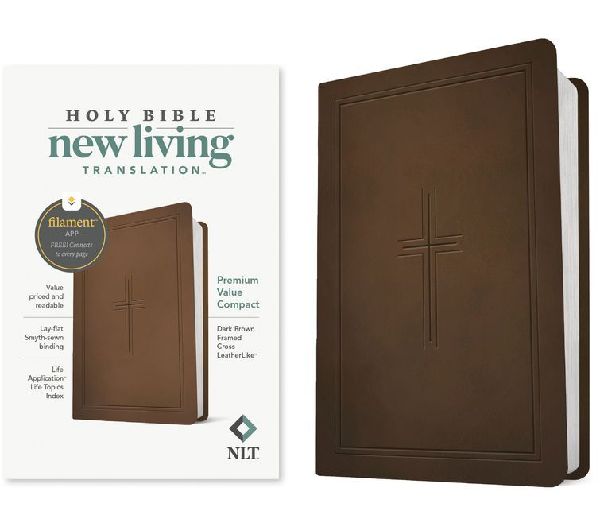 NLT Premium Value Compact Bible, Filament Enabled (Leatherlike, Dark Brown Framed Cross)