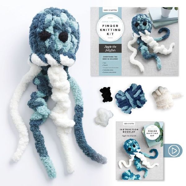 Super Simple Finger Knitting Kit Jiggle the Jellyfish: Everything You Need Is Included: Chunky Yarn, Fiberfill, Instruction Booklet, Exclusive Step-By-Step Video, and Collectible Sticker; Beginner Friendly!