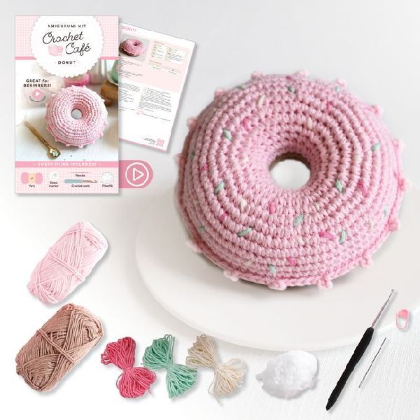 Crochet Café Amigurumi Kit Donut: Everything You Need Is Included: 100%-Cotton Yarn, Crochet Hook, Stitch Marker, Tapestry Needle, Fiberfill, Step-By-Step Leaflet, and Exclusive Instruction Videos; Beginner Friendly!
