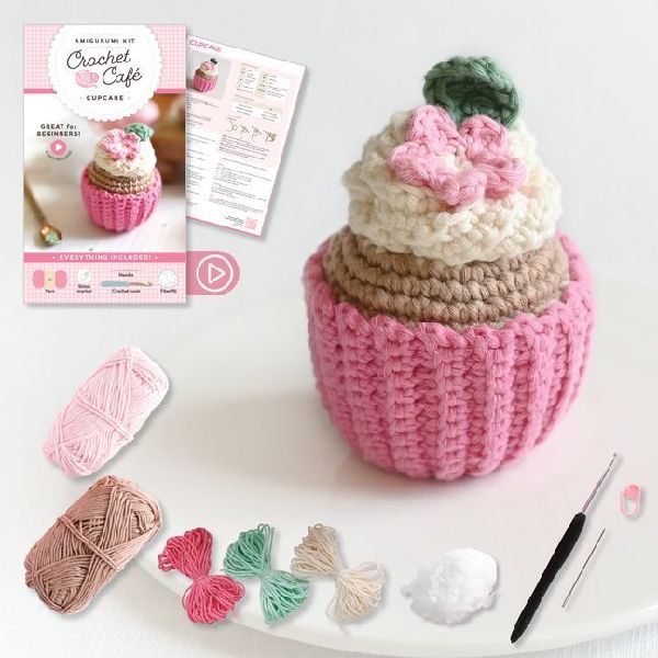 Crochet Café Amigurumi Kit Cupcake: Everything You Need Is Included: 100%-Cotton Yarn, Crochet Hook, Stitch Marker, Tapestry Needle, Fiberfill, Step-By-Step Leaflet, and Exclusive Instruction Videos; Beginner Friendly!