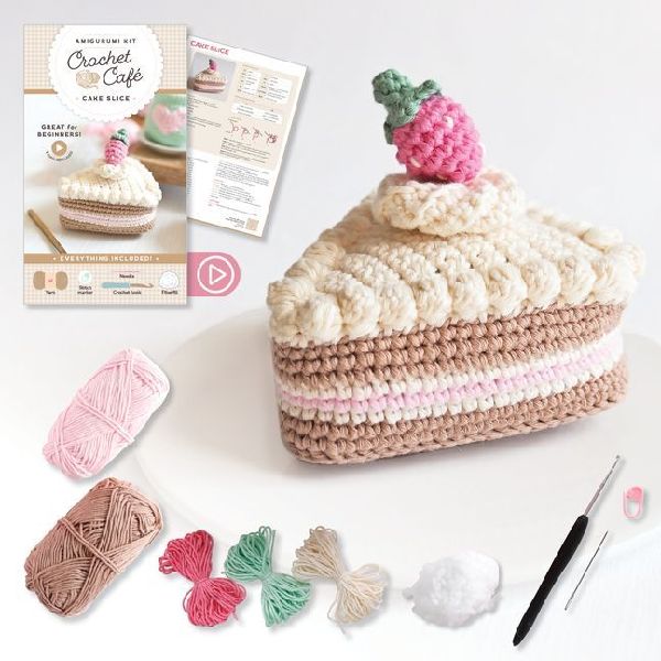 Crochet Café Amigurumi Kit Cake Slice: Everything You Need Is Included: 100%-Cotton Yarn, Crochet Hook, Stitch Marker, Tapestry Needle, Fiberfill, Step-By-Step Leaflet, and Exclusive Instruction Videos; Beginner Friendly!