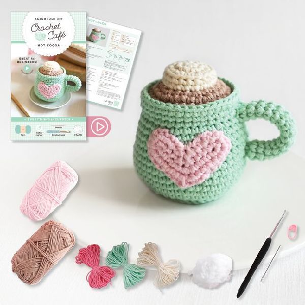 Crochet Café Amigurumi Kit Hot Cocoa: Everything You Need Is Included: 100%-Cotton Yarn, Crochet Hook, Stitch Marker, Tapestry Needle, Fiberfill, Step-By-Step Leaflet, and Exclusive Instruction Videos; Beginner Friendly!