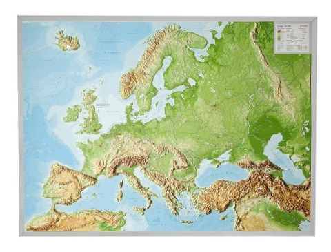 Reliefkarte Europa Gross 1 : 8.000.000 mit Aluminium Rahmen: mit grünfarbenen Holzrahmen