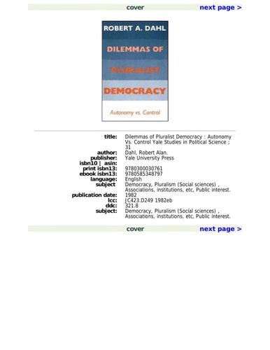 Dilemmas of Pluralist Democracy Autonomy Vs. Control
