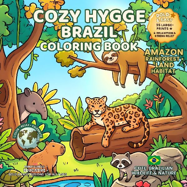 Cozy Hygge Brazil Coloring Book - Amazon Rainforest: Land Habitat - Cute Brazilian Wildlife & Nature