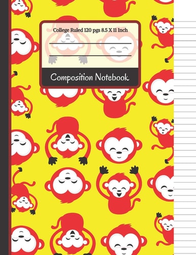 Composition Notebook Bright Red & Yellow Monkey College Ruled Notebook for Girls, Boys, Kids, School, Students and Teachers