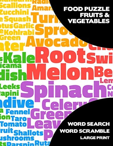 Food Puzzle Fruits and Vegetables Activity Logical Book for Adults and Kids with Word Search Scramble Games Large Size Colorful Texts Theme Design Soft Cover