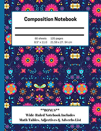 Composition Notebook Wide-Ruled BONUS Math Charts & List of Adverbs & Adjectives Large Size for Homeschool, Elementary, High School, & College for All Subjects