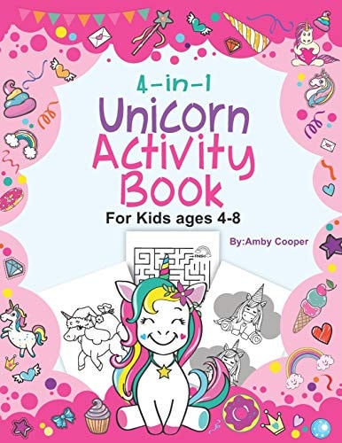 4-In-1 Unicorn Activity Book for Kids 4-8 Years Fun Activities for Preschool Children, Coloring Book, Connect the Dots, Maze Puzzle Games, Spot the Difference