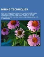 Mining techniques: Solution mining, Surface mining, Underground mining, Underwater mining, Copper extraction techniques, Asteroid mining, Open-pit mining, Hydraulic mining, Longwall mining, Hushing, Manganese nodule, Biomining, Placer mining