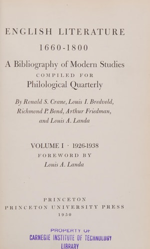 English Literature, 1660-1800, V1, 1926-1938 Philological Quarterly
