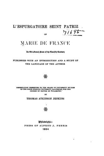 L' Espurgatoire Seint Patriz of Marie de France, an Old-French Poem of the Twelfth Century