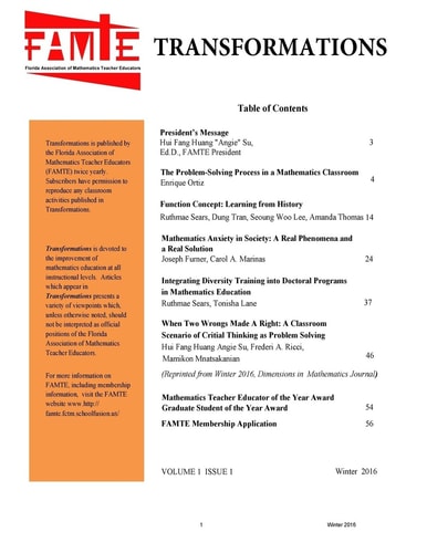 Transformations A Publication of the Florida Association of Mathematics Teacher Educators