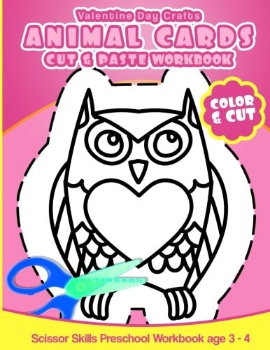 Valentine Day Crafts Animal Cards Cut and Paste Workbook Scissor Skills Preschool Workbook Age 3-4