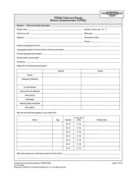 Transdisciplinary Play-Based Assessment & Intervention (Tpba/I2) Child and Program Summary Forms