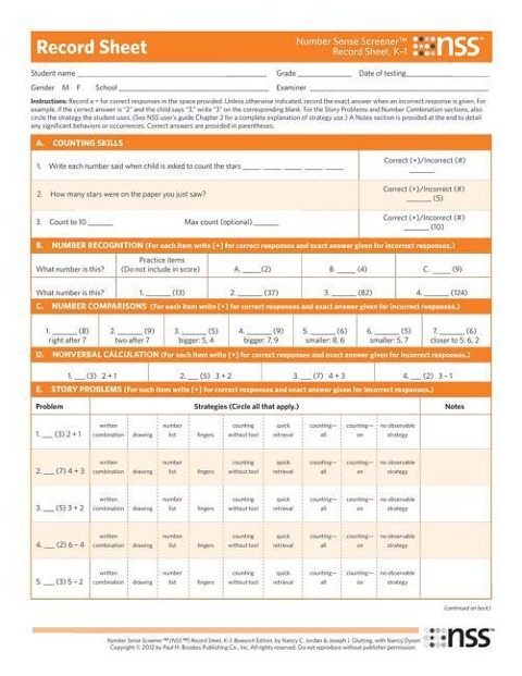 Number Sense Screener(tm) (Nss(tm)) Record Sheets, K-1, Research Edition