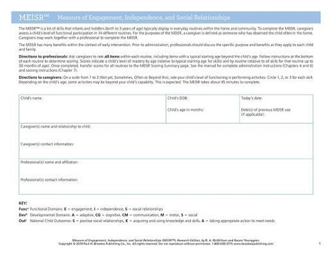 Measure of Engagement, Independence, and Social Relationships (Meisr(tm))