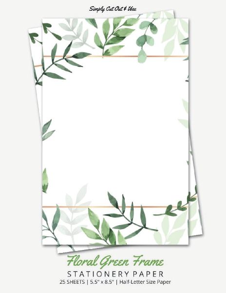 Green Floral Frame Stationery Paper: Half Letter Size Paper, Flower Themed, Letter Writing Paper, 25-sheets