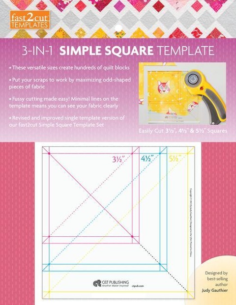 fast2cut 3-in-1 Simple Square Template: Easily Cut 3 1/2 , 4 1/2  & 5 1/2  Squares