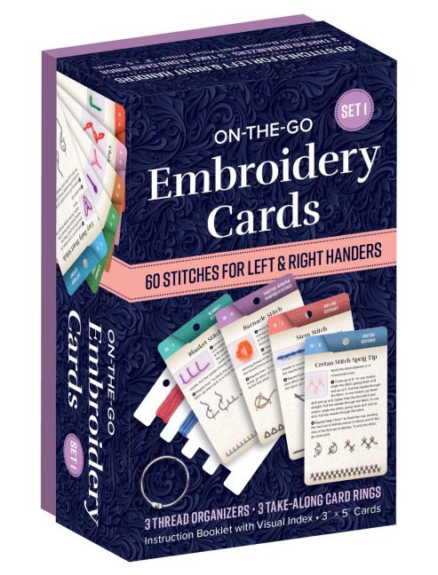 On-The-Go Embroidery Cards Set 1: 60 Stitches for Left & Right Handers, 3 Thread Organizers, 3 Take-Along Card Rings, Instruction Booklet with Visual Index, 3 X 5 Cards