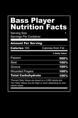 Bass Player Nutrition Facts Grab This Product for a Bass Player Who Wants to Share His Nutrition Facts with Everyone. This Is the Diet of a Musician. 6 X 9 Inches - 100 Pages