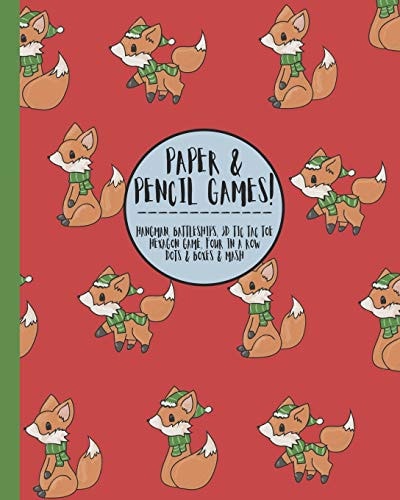 Paper & Pencil Games! Cute Christmas Foxes Foxy Themed Travel & Activity Game Book with Game Instructions! Features 4 in a Row, Hangman, Hexagon Game Sims, Sea Battle, Tic Tac Toe & Dots & Boxes & Mazes