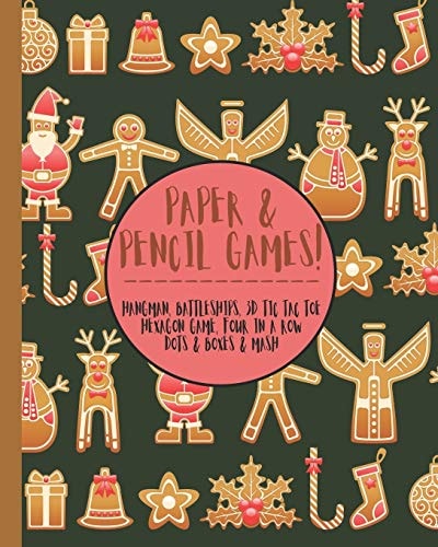 Paper & Pencil Games! Cute Christmas Retro Vintage Santa Gingerbread Snowmen Travel & Activity Game Book with Game Instructions! Features 4 in a Row, Hangman, Hexagon Game Sims, Sea Battle, Tic Tac Toe & Dots & Boxes & Mazes