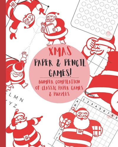 Paper & Pencil Games! Cute Christmas Retro Vintage Santa Themed Travel & Activity Game Book with Game Instructions! Features 4 in a Row, Hangman, Hexagon Game Sims, Sea Battle, Tic Tac Toe & Dots & Boxes & Mazes