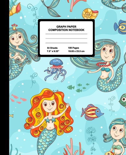 Graph Paper Composition Notebook Quad Ruled 4 Squares Per Inch Sheets, Math and Science Grid Note Book for Elementary Students, Beautiful Mermaid