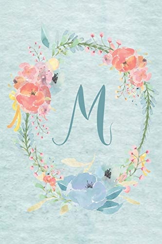 Notebook 6"x9" - Initial M - Light Blue and Pink Floral Design College Ruled Notebook with Initials/monogram - Alphabet Series.