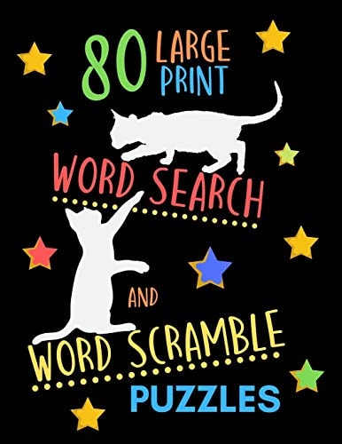 80 Large Print Word Search And Word Scramble Puzzles Perfect Brain Exercise And Relaxation Therapy. Large Size. Adjective Words Theme. Cat Silhouettes On Black Book Cover.