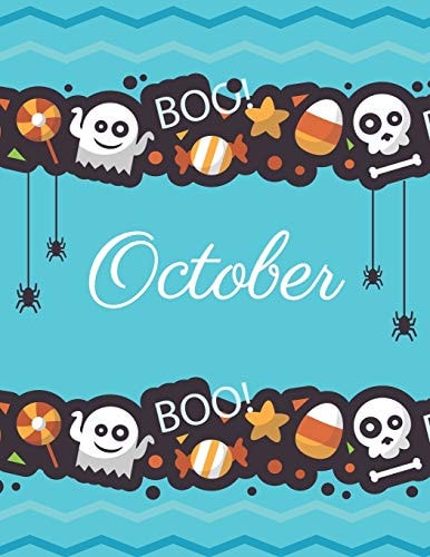 October Boo Boo Halloween Blue Cover and Dotted Pages, Extra Large (8. 5 X 11) Inches, 110 Pages, White Paper