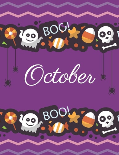October Boo Boo Halloween Purple Cover and Dotted Pages, Extra Large (8. 5 X 11) Inches, 110 Pages, White Paper