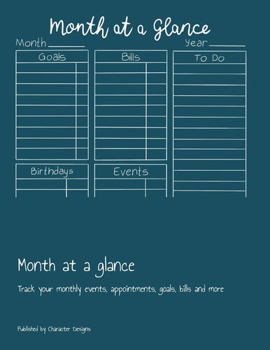 Month at a Glance Track Your Monthly Events, Appointments, Goals, Bills and More