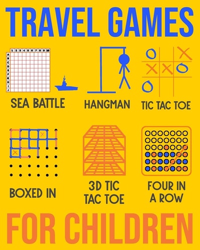 Travel Games For Children Sea Battle, Hangman, Tic Tac Toe, Boxed In, 3D Tic Tac Toe & Four In A Row Activities