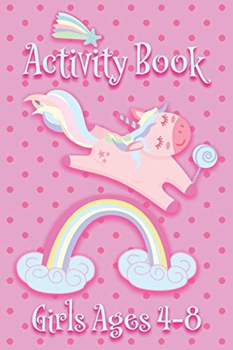 Activity Book - Girls Ages 4-8 Pink Unicorns and Rainbow - Ages 6x9 Matte Paperback With Mazes, Doodles, Word Searches, Coloring, And More