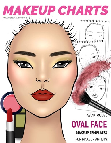 Makeup Charts - Asian Model Face with an OVAL Shape 54 Face Charts for Makeup Artists