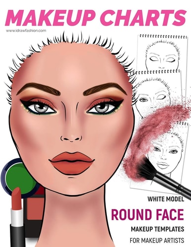 Makeup Charts - Face Charts for Makeup Artists White Model - ROUND Face Shape