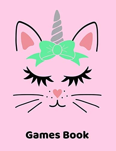 Games Book Large 8.5"x11" Notebook Filled with Games. Tic Tac Toe, Dot Game, Hang Man, Sketch Paper. Cat Unicorn Cover.