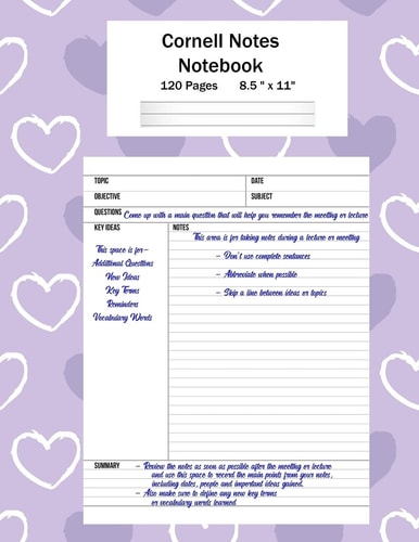 Cornell Notes Notebook Note Taking System, For Students, Writers, Meetings, Lectures Large Size 8.5 X 11 (21.59 X 27.94 Cm), Durable Matte Purple Hearts Cover Design, 120 Pages