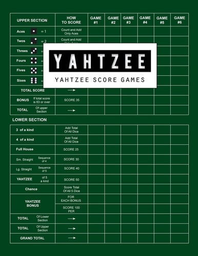 Yahtzee Score Game Yahtzee Games Record Score, Scoresheet Keeper Notebook, Yahtzee Score Sheet, Yahtzee Score Card, Write in the Player Name and Record Dice Thrown, 100 Pages