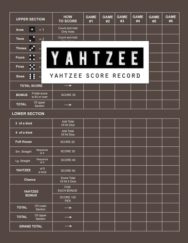 Yahtzee Score Record Yahtzee Games Record Score, Scoresheet Keeper Notebook, Yahtzee Score Sheet, Yahtzee Score Card, Write in the Player Name and Record Dice Thrown, 100 Pages