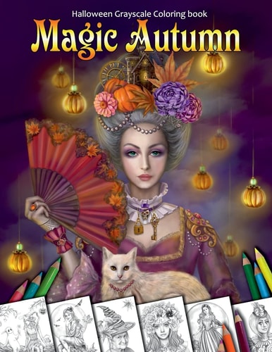 Magic Autumn. Halloween Grayscale Coloring Book Coloring Book for Adults