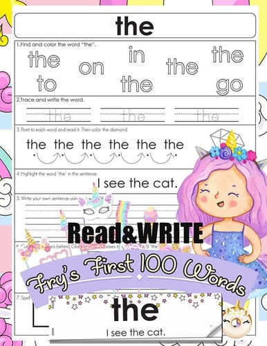 Read and Write Fry's First 100 Words With 100 Sight Word Mini Books Write and Learn High Frequency Word Practice Pages That Are Key to Reading Success Unicorn Style